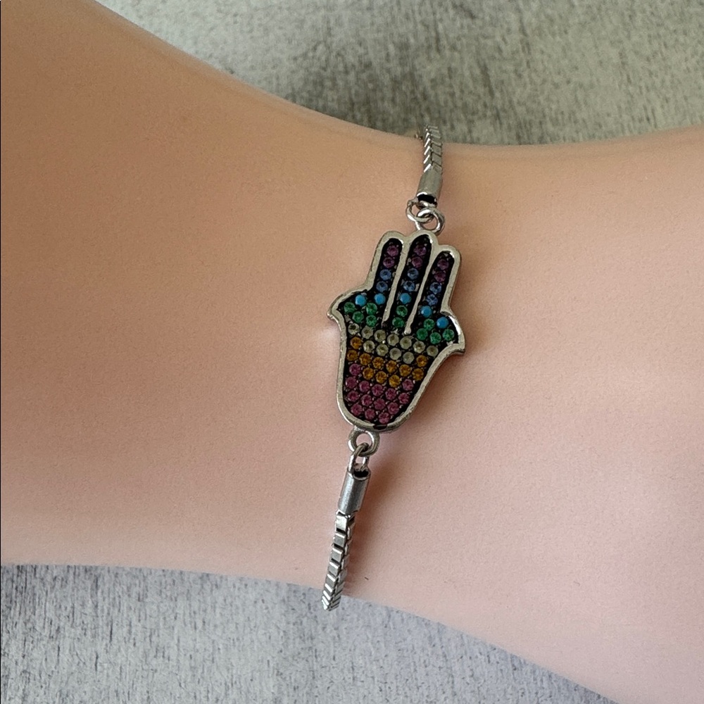 Rachel Zoe 925 Sterling Silver Box-Chain Bracelet with Beaded Hamsa Hand